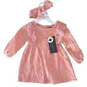 French Connection Baby Girl's Dress w/Headband Eyelet Lace Cotton Size 12M Coral
